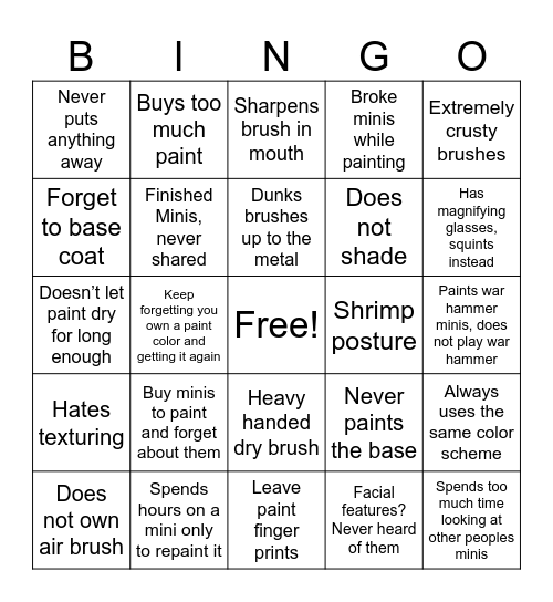 Bad Mini Painting Habits Bingo Card