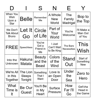 Disney Music Bingo Card
