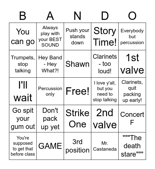 7th Grade BANDO Bingo Card