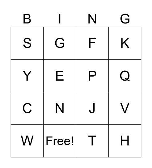 English Alphabet Bingo Card