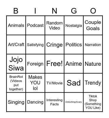 Tiktok Bingo Card