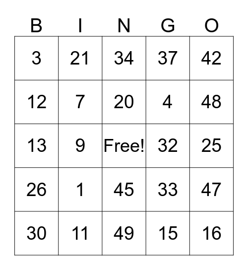 Freeman Family Bingo Card