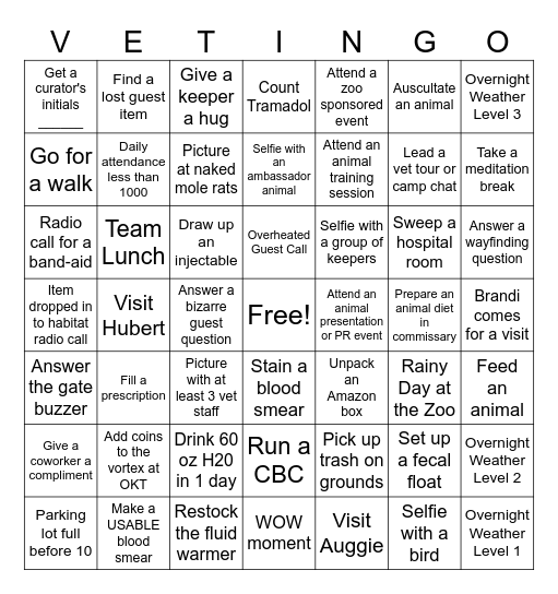 Veterinary Team Bingo Card