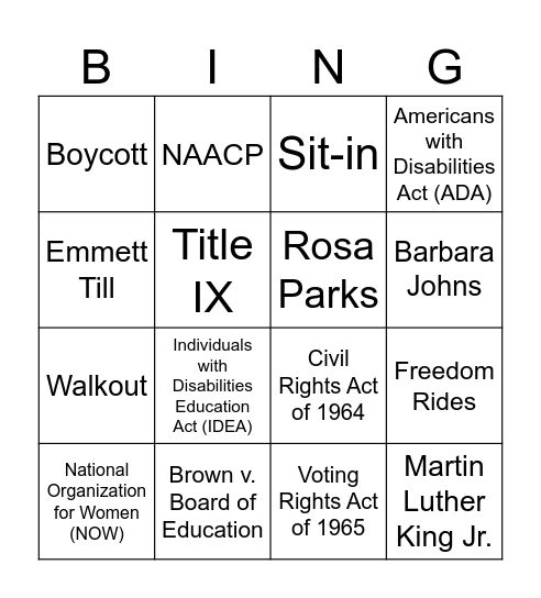 Civil Rights Vocab Bingo Card