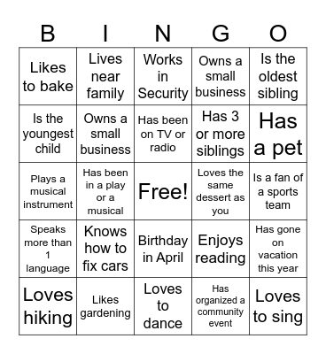 Mix and Mingle Bingo Card