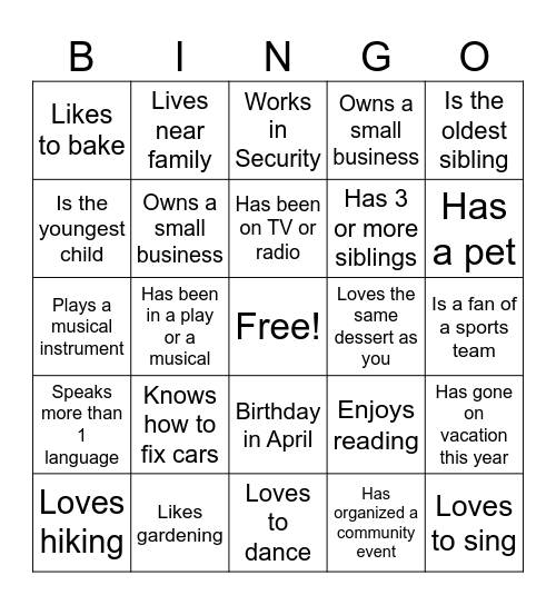 Mix and Mingle Bingo Card