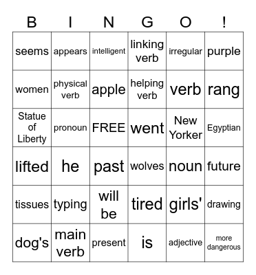 Parts of Speech Bingo Card