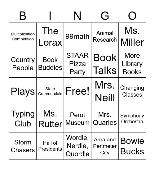 3rd Grade Bingo Card