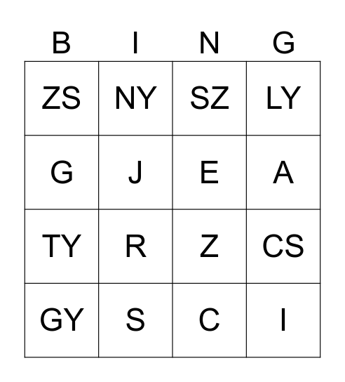Bingo Mássalhangzók Bingo Card