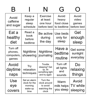 Healthy Sleeping Habits-Bingo Card