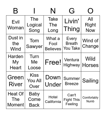 70s/80s Classic Rock Bingo Card