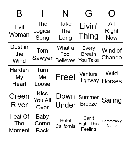 70s/80s Classic Rock Bingo Card