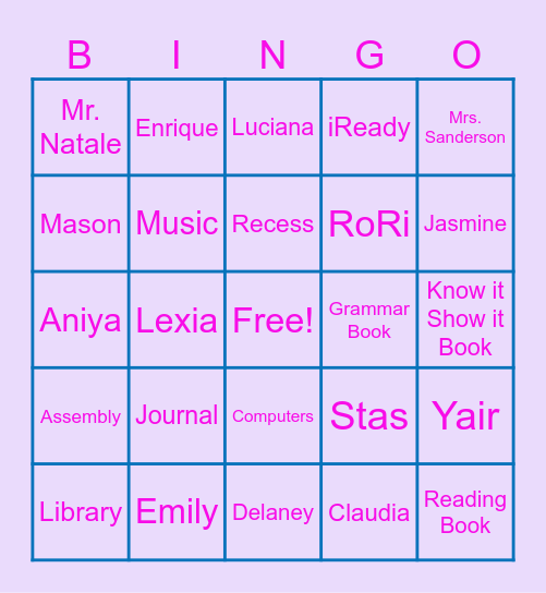 Third Grade Hartley Bingo Card