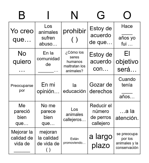 Derechos animales Bingo Card