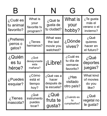 ESL Conversation Bingo Card