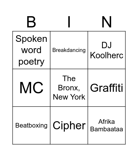 Hip-hop culture Bingo Card