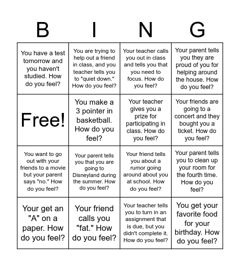 Teenager Vignettes Bingo Card