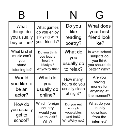 B2 exam speaking part1 Bingo Card