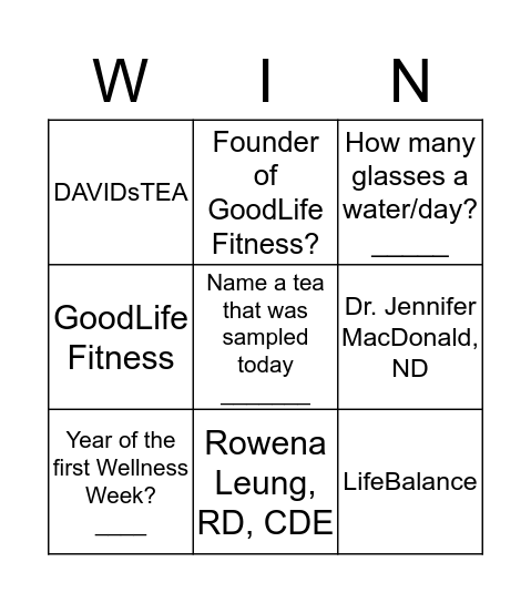 Wellness Day 2016 Bingo Card
