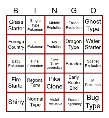 Pokemon Trading Bingo Card