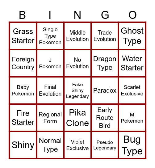 Pokemon Trading Bingo Card