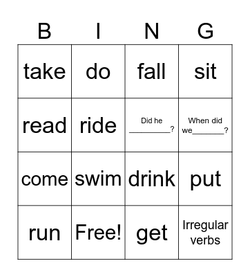 Irregular Verbs Bingo Card