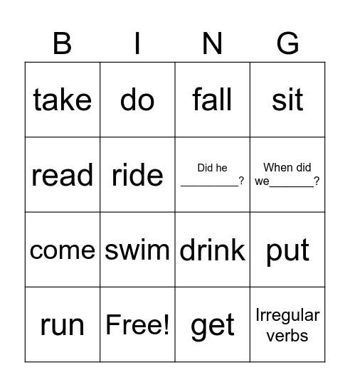 Irregular Verbs Bingo Card