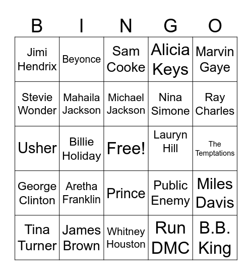 Famous Black People in Music Bingo Card