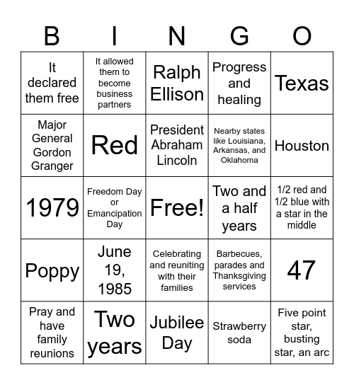 Juneteenth Trivia Bingo Card