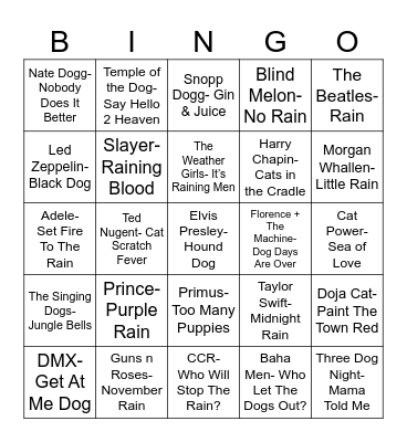 Radio Bingo Raining, Cats, & Dogs Bingo Card
