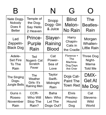 Radio Bingo Raining, Cats, & Dogs Bingo Card