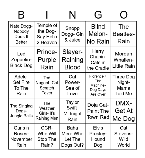Radio Bingo Raining, Cats, & Dogs Bingo Card