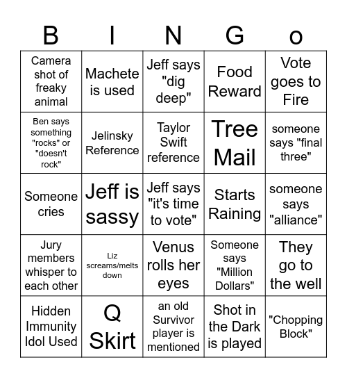 SURVIVOR FINALE Bingo Card