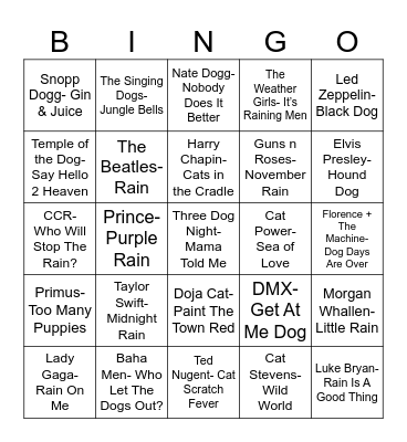 Radio Bingo Raining, Cats, & Dogs Bingo Card