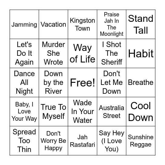 Round 1 - Reggae Bingo Card