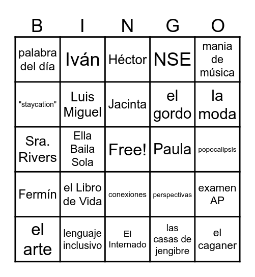 español 5 Bingo Card