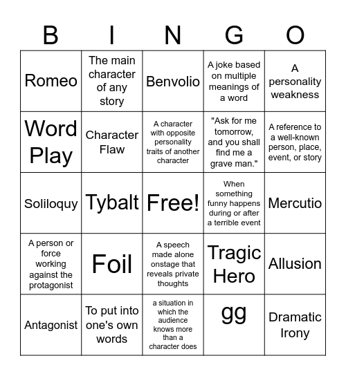 Romeo and Juliet Bingo Card