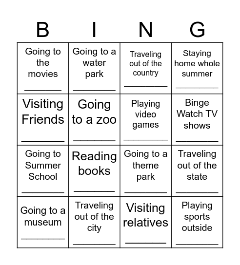 Summer Plans Get To Know You BINGO Card