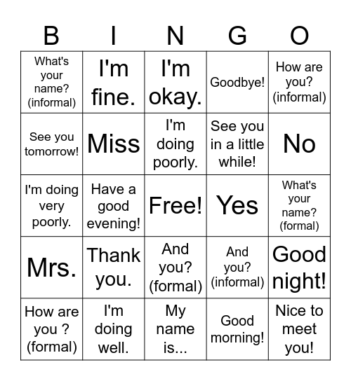 Greetings! Bingo Card