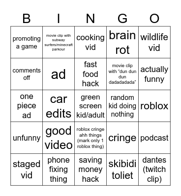 YouTube shorts Bingo Card