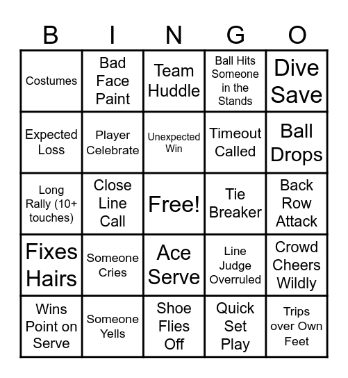 End of the Year Volleyball Tournament Bingo Card