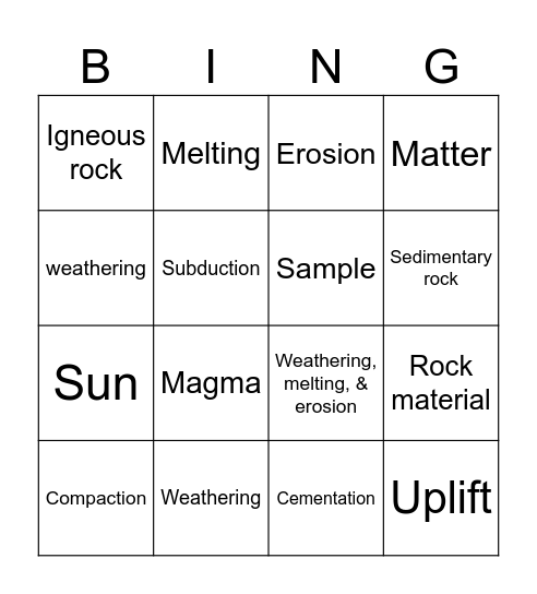 Rock Transformations Bingo Card
