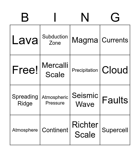 Earth Science Bingo Card