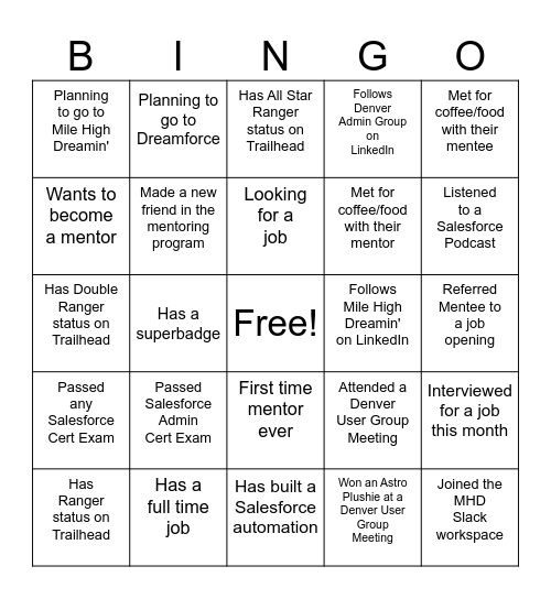 Salesforce Mentoring Bingo! Bingo Card