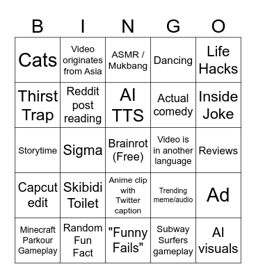 Youtube Shorts Bingo Card