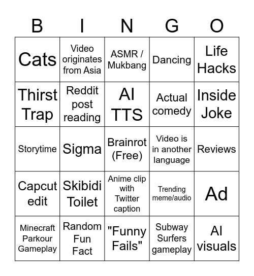 Youtube Shorts Bingo Card