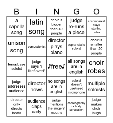 Choir Festival Bingo Card