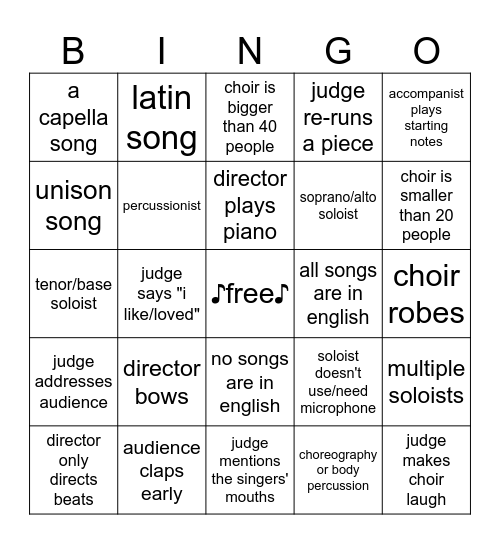 Choir Festival Bingo Card