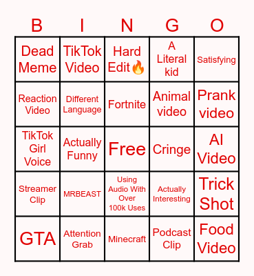 YouTube Shorts Bingo Card