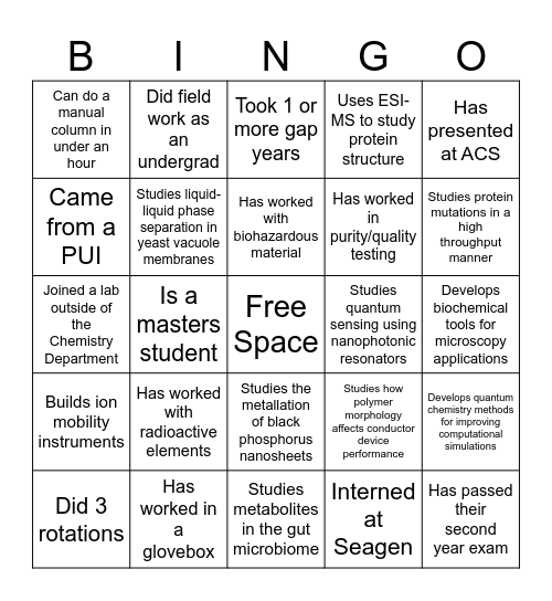 For Undergrads, Find Someone Who.... Bingo Card